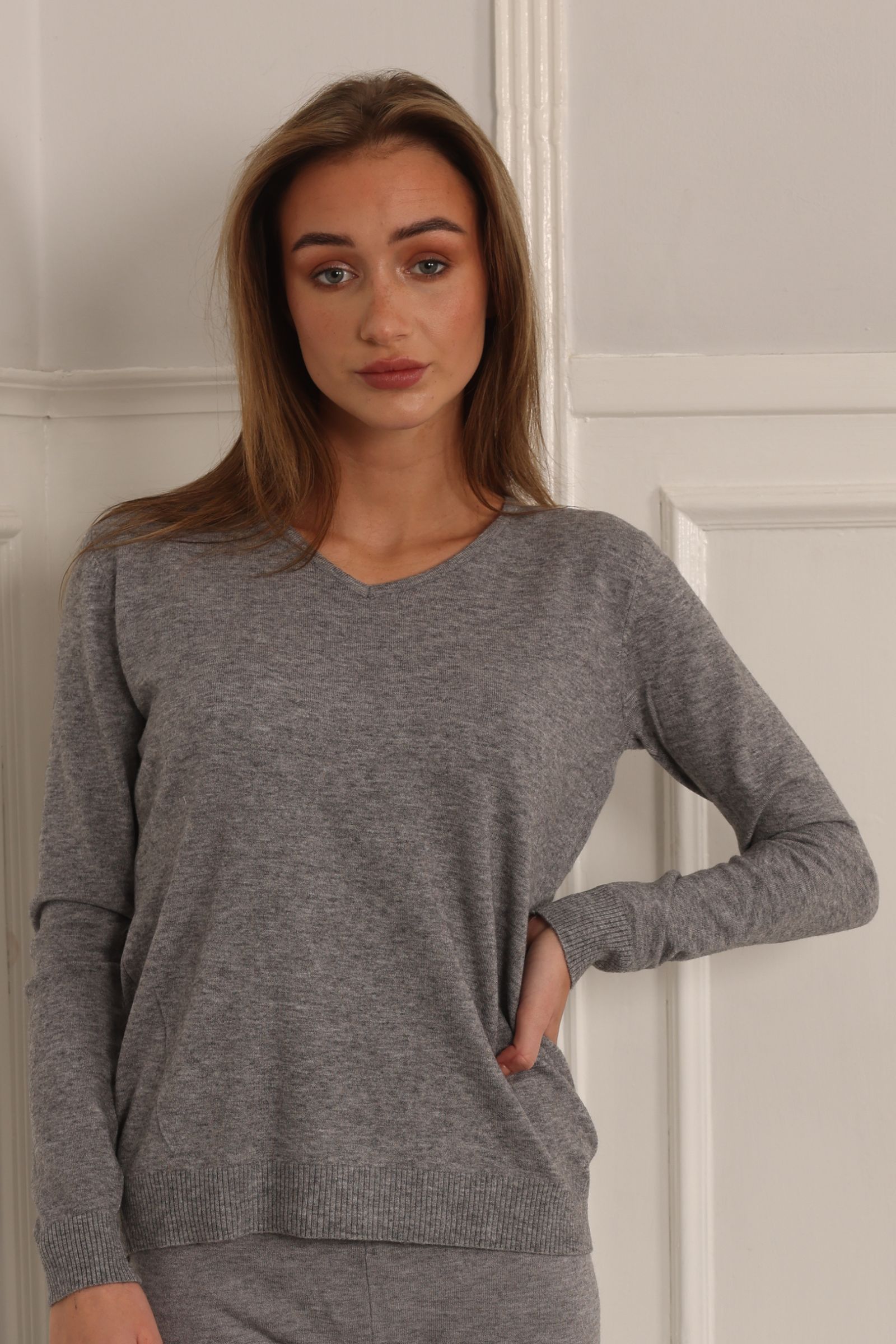 V-neck Blouse Style 1253-1/pearl grey