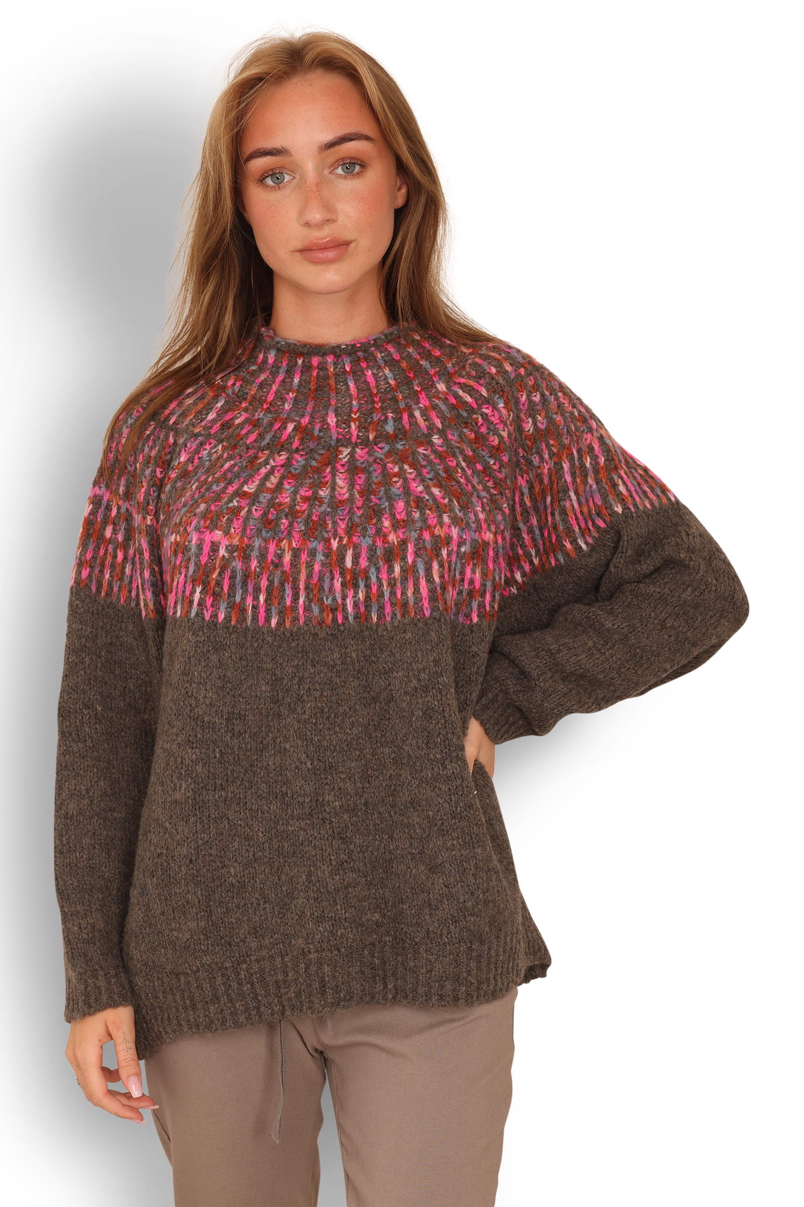 Cozy Textured Knit Sweater - Style 5701 (Brown/Fuxia)