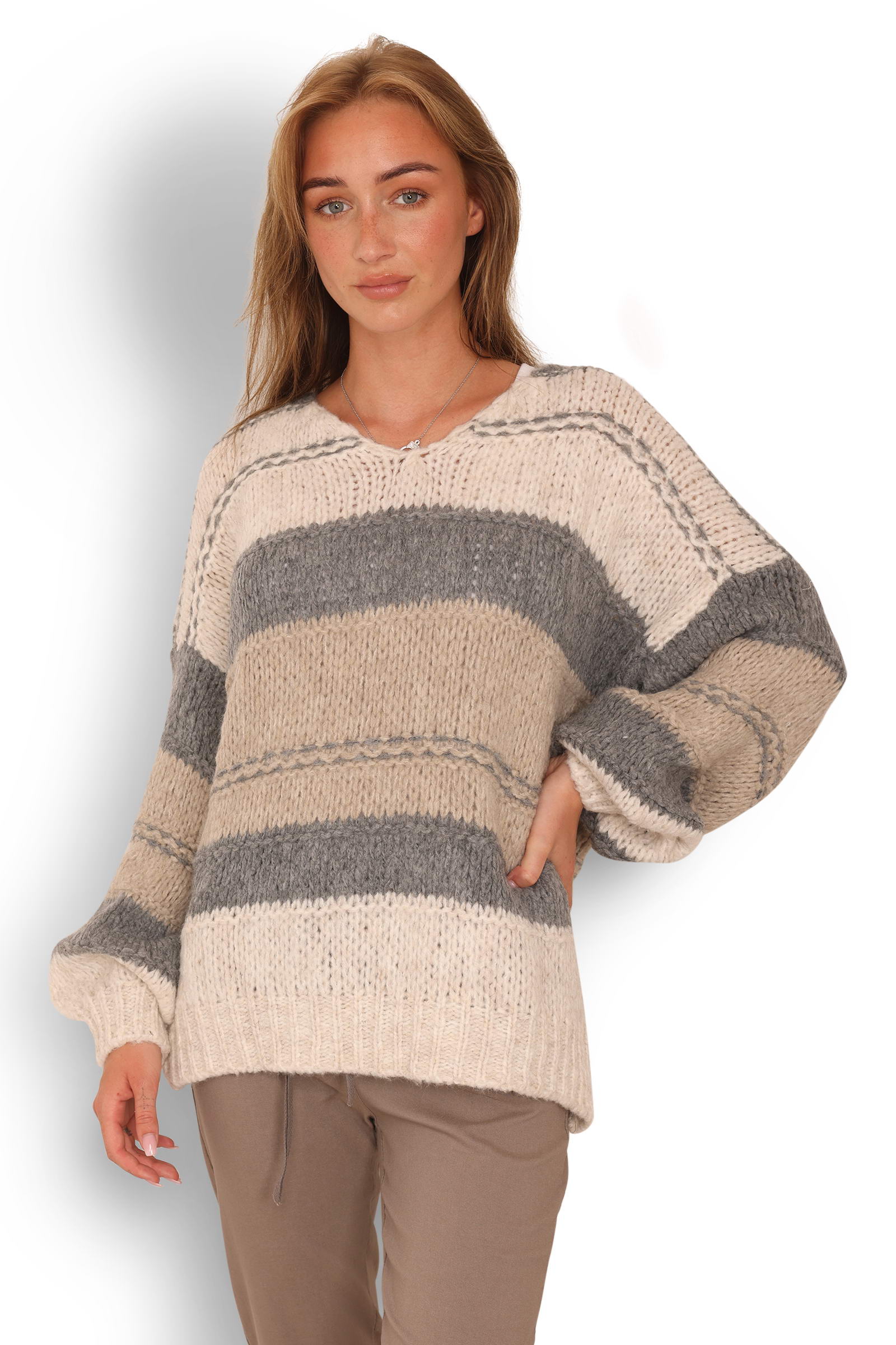 Cozy Striped Knit Sweater - Style 5702 (Lime/beige/Grey)