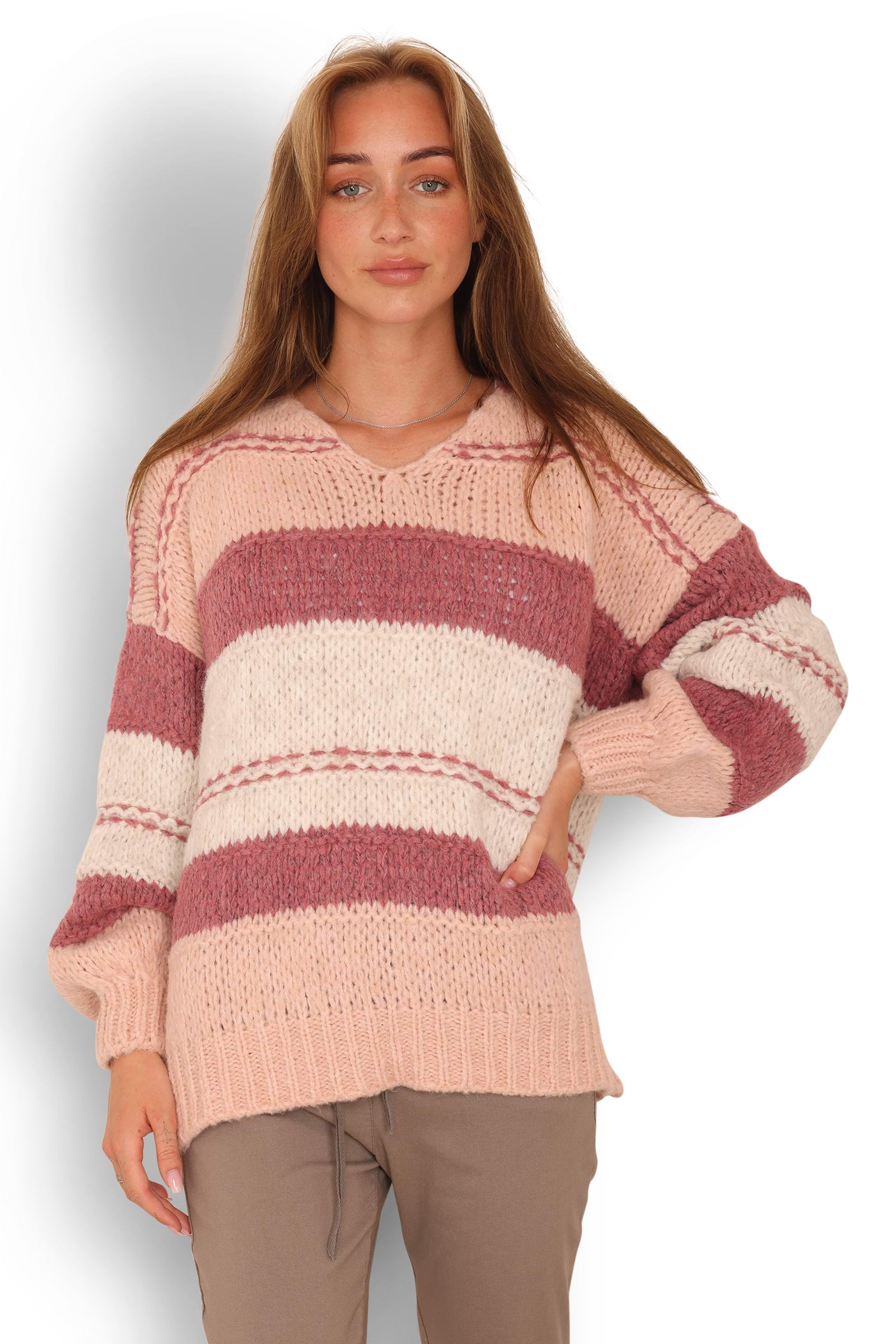 Cozy Striped Knit Sweater - Style 5702 (Baby pink/onion/lime)